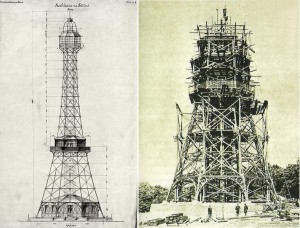 Il progetto della Torre di Petřín e un momento della realizzazione / The design of Petřín Tower and a photo taken during its construction