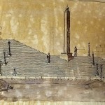 Schizzo prospettico della scalinata dei Giardini del Paradiso con una delle prime versioni dell’obelisco, 1920 / Perspective sketch of the steps of the Paradise Gardens with one of the first versions of the obelisk, 1920 © ARCHIVIO CASTELLO DI PRAGA